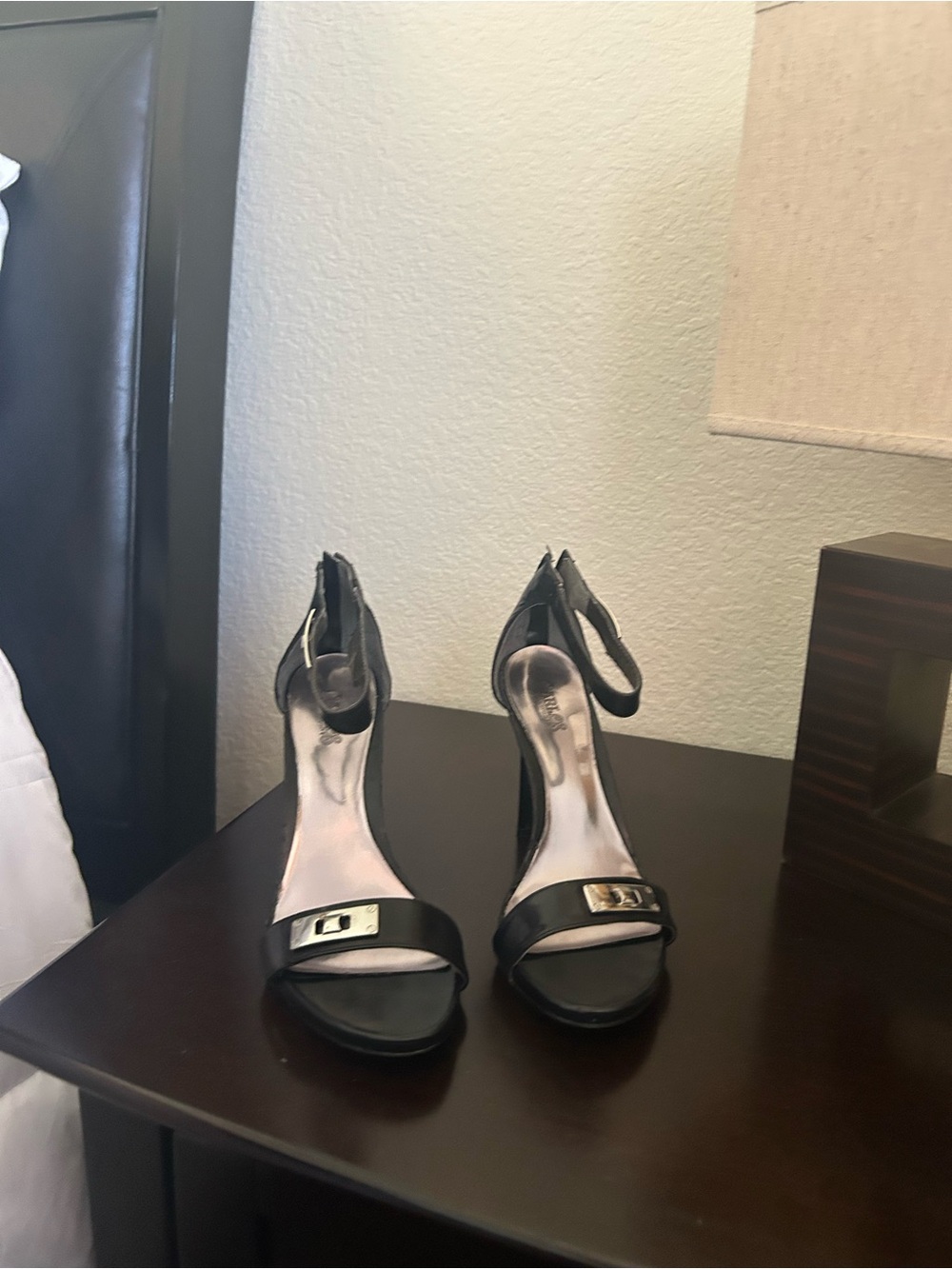 Carlos Santana Black Open-Toe Ankle-Strap Heels with Gold Accent
